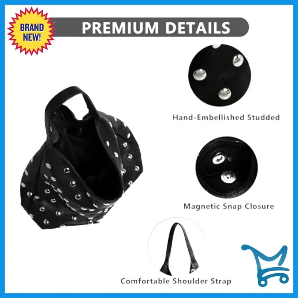 Studded Vegan Leather Hobo Shoulder Bag Tote Purse Large Capacity - Picture 5 of 7